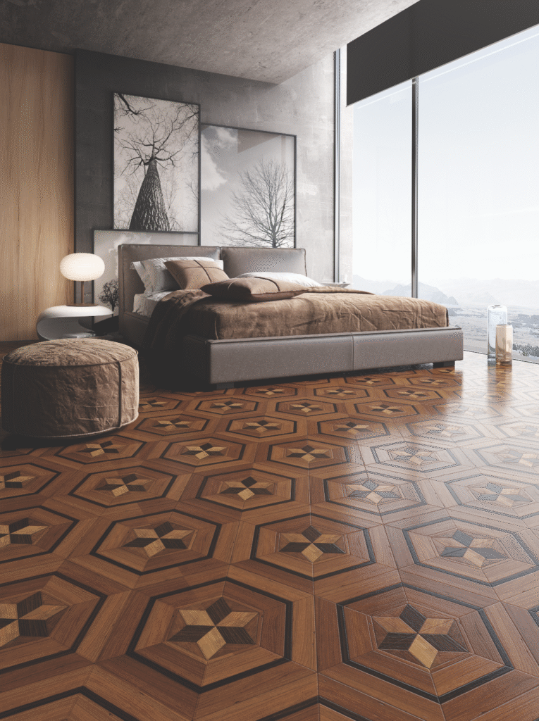 Elegant bedroom interior featuring stylish furniture set on solid hardwood flooring